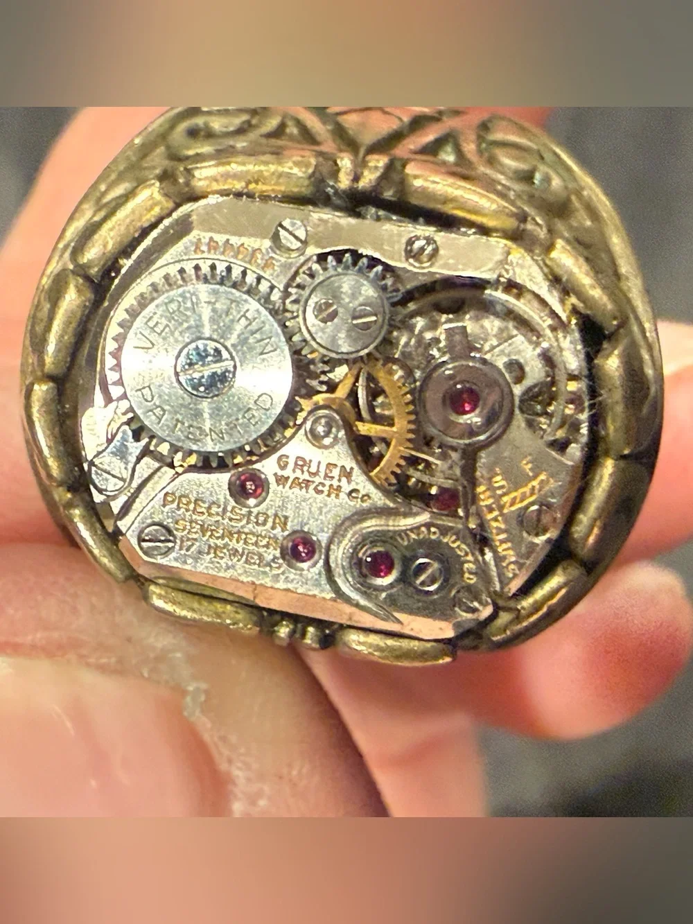 Artist Made Steampunk Watch Movement Ring Vintage Gruen 17 Jewel Filigree Brass